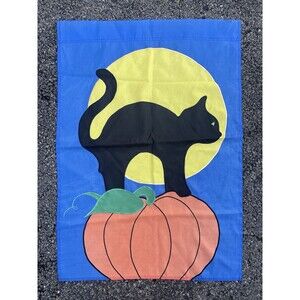Vtg 1993 Halloween Black Cat Pumpkin Garden Yard Flag 39x28 Double Sided Spooky